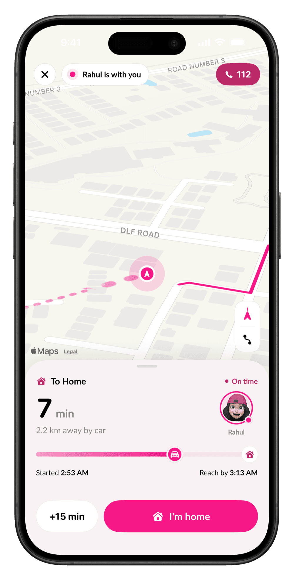 Stay With Me on iPhone: a map of her walk home, seven minutes to go, with Rahul watching over her
