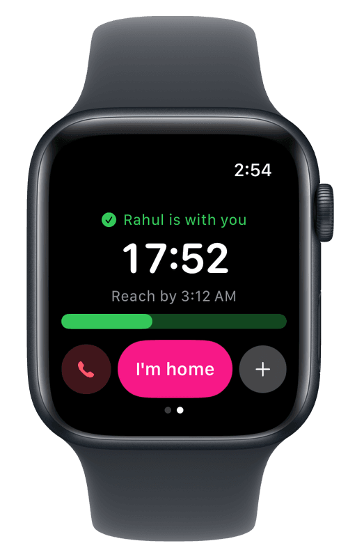 Stay With Me on Apple Watch: Rahul is with you, a countdown, and a button to say I'm home