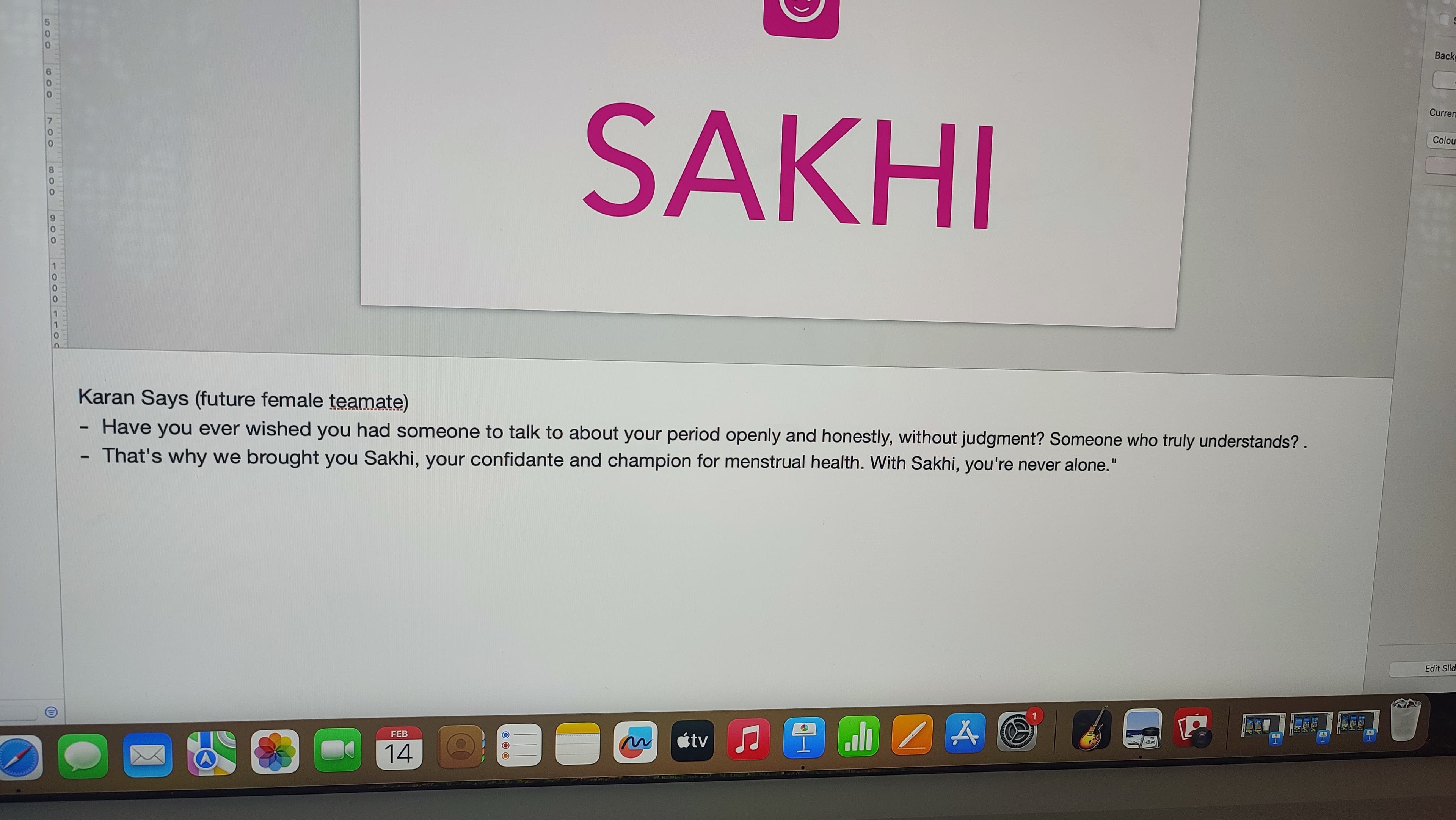 Presentation slide showing the pink SAKHI wordmark and speaker notes about bringing users a confidante and champion for menstrual health