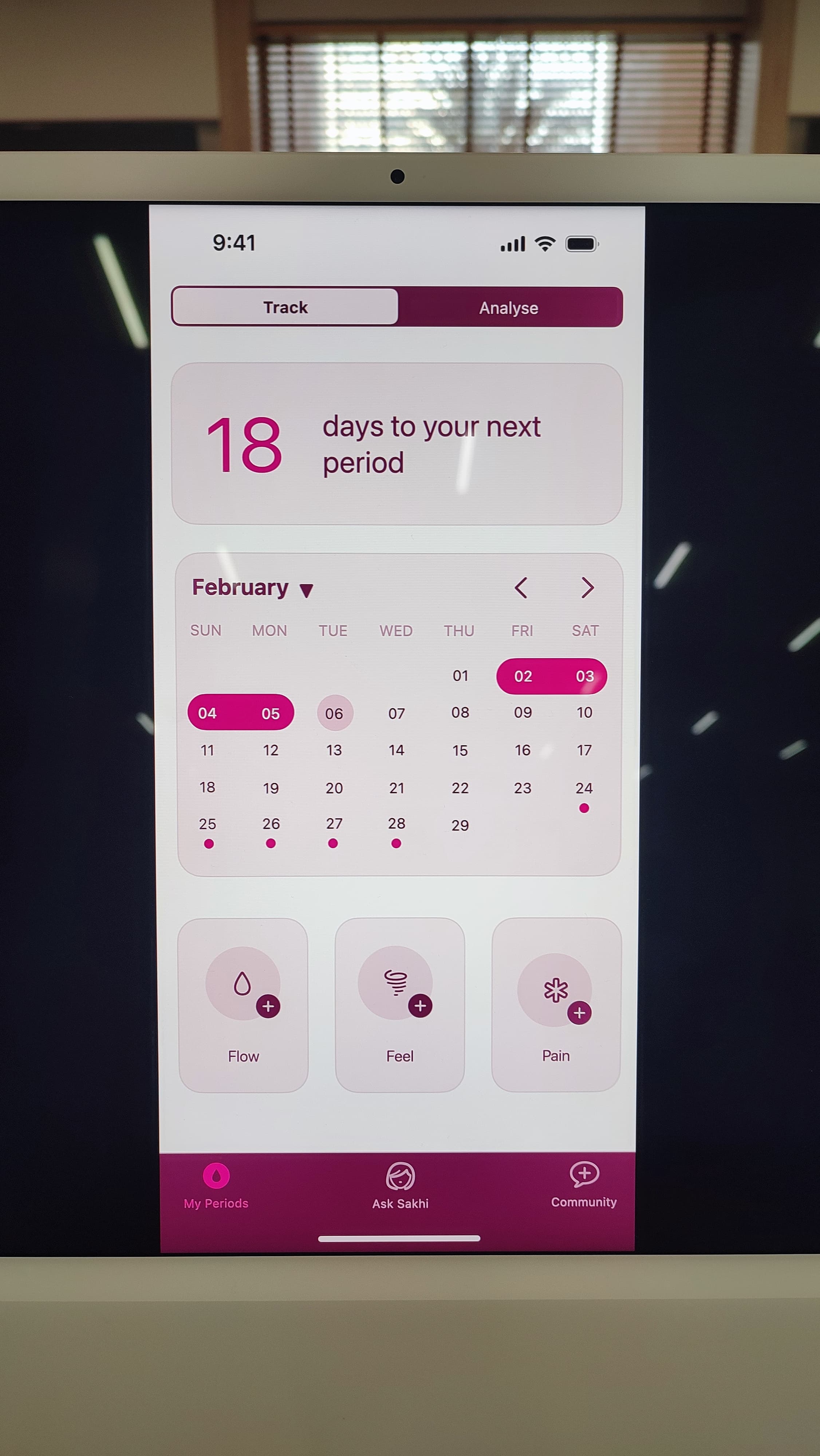 An early build of the Sakhi Track screen, showing days to next period and a calendar