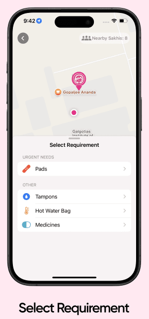 Sakhi's community help screen, showing nearby Sakhi users and a request sheet for pads, tampons, a hot water bag or medicines
