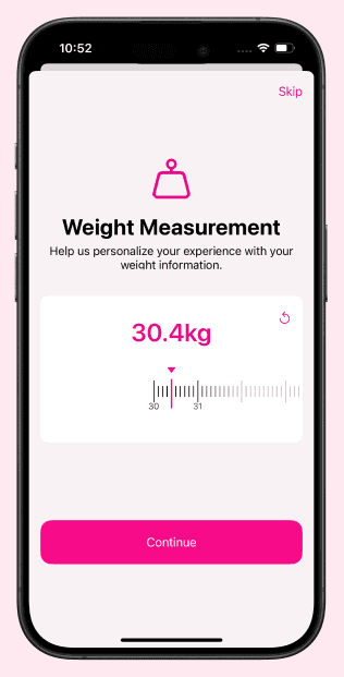 Sakhi onboarding screen asking for weight, with a skip option, part of a gentle setup that doesn't force precise data