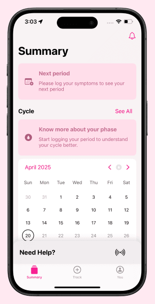 Sakhi Summary screen with a calendar and cycle phase insight