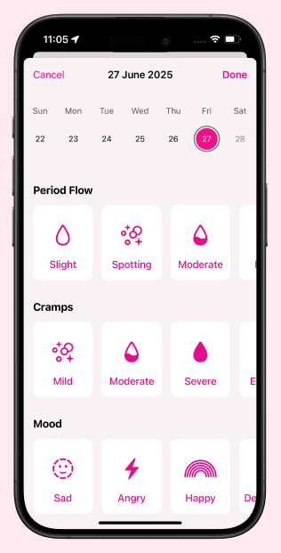 Sakhi Track screen for logging period flow, cramps and mood in a few taps