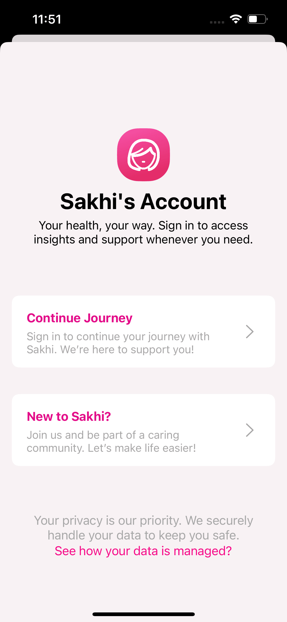 Sakhi's sign-in screen, with a note that health data is handled securely