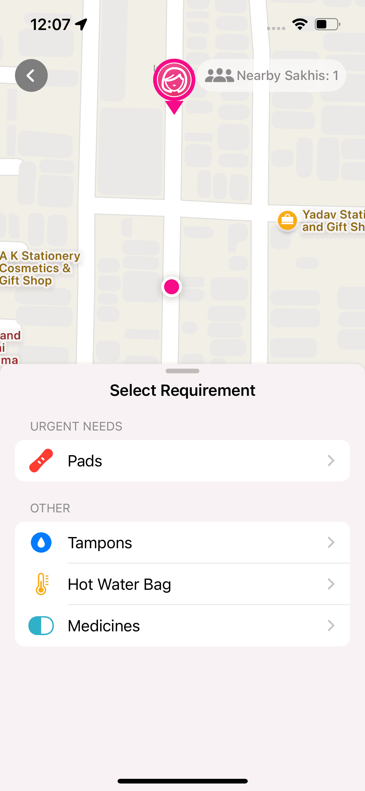 Requesting pads, tampons, a hot water bag or medicines from the community nearby