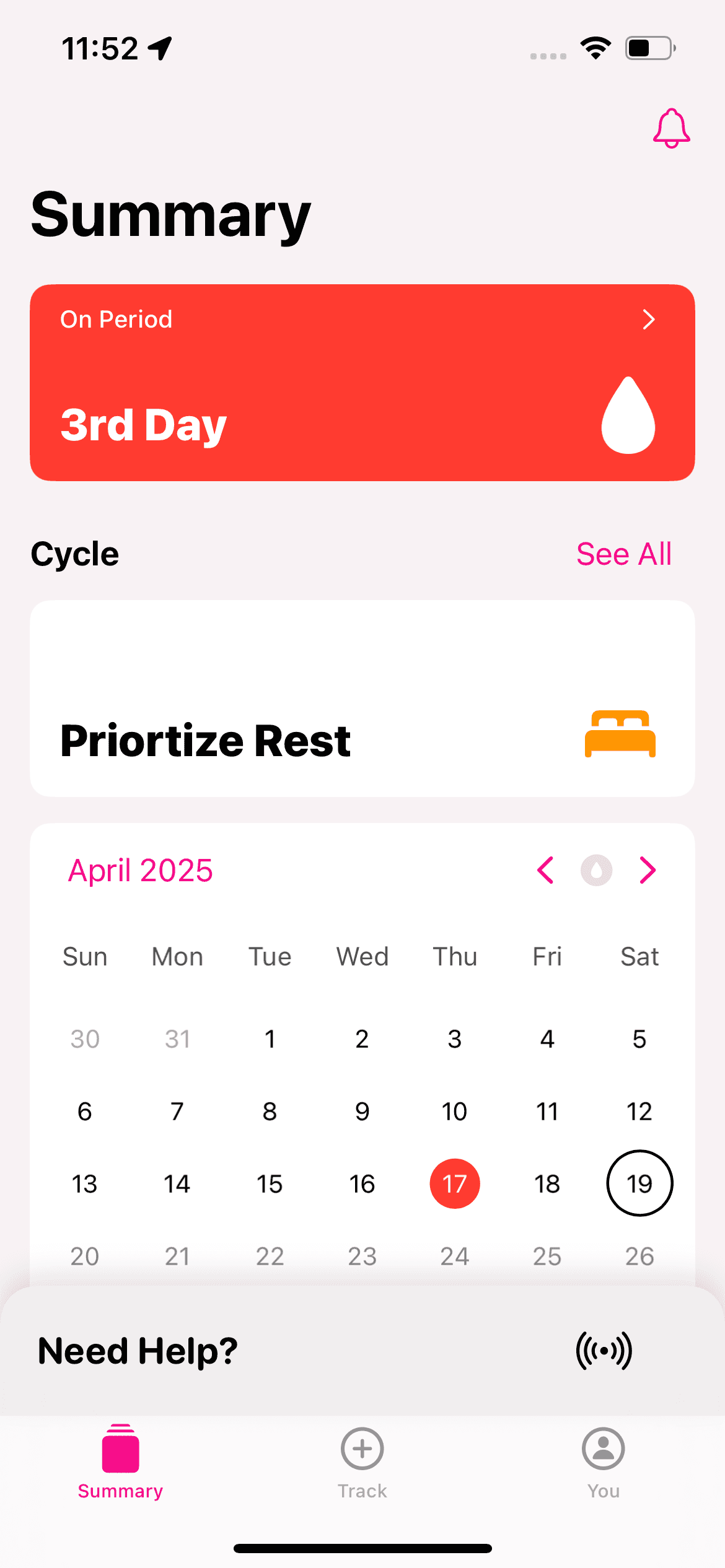 Sakhi's Summary screen showing days on period and the current cycle calendar