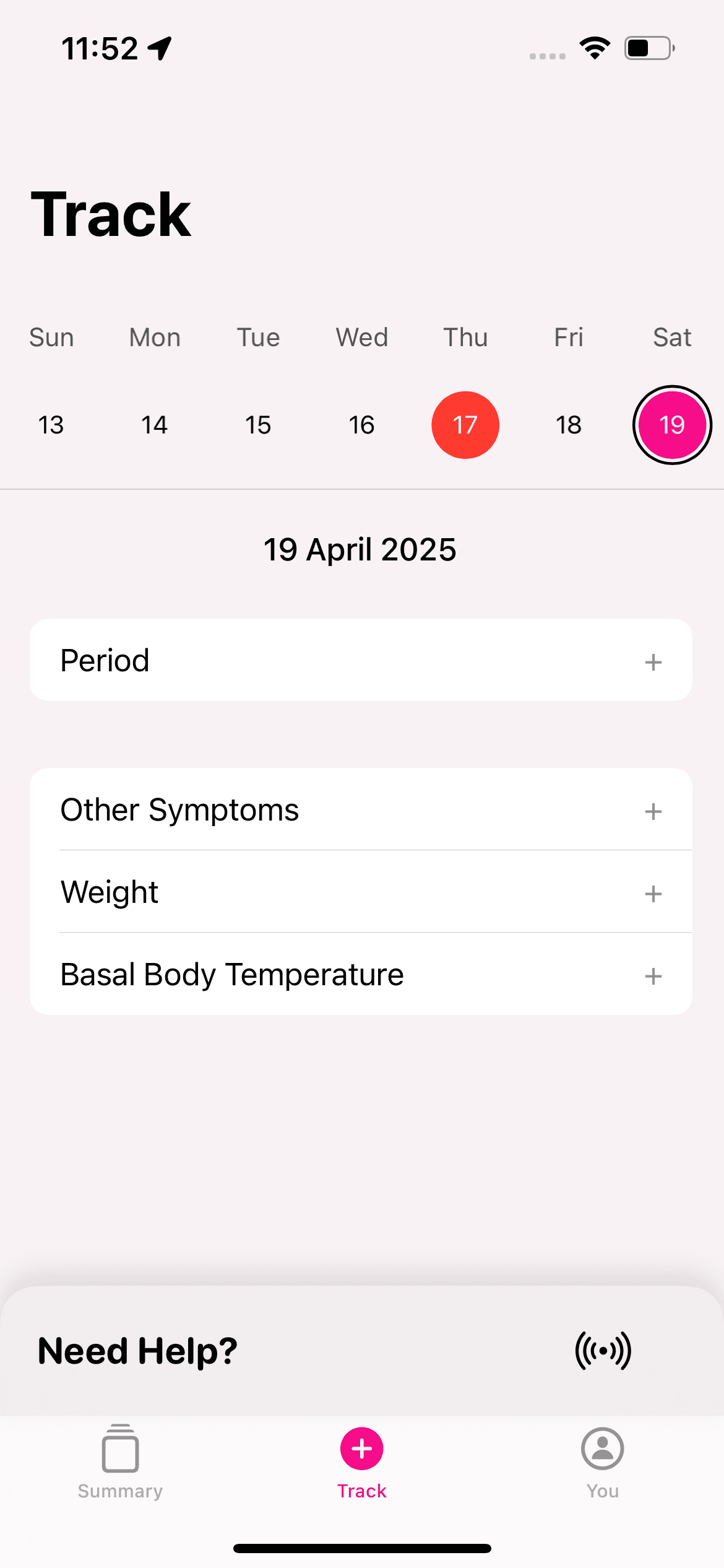 Sakhi's Track screen for logging period, symptoms, weight and basal body temperature