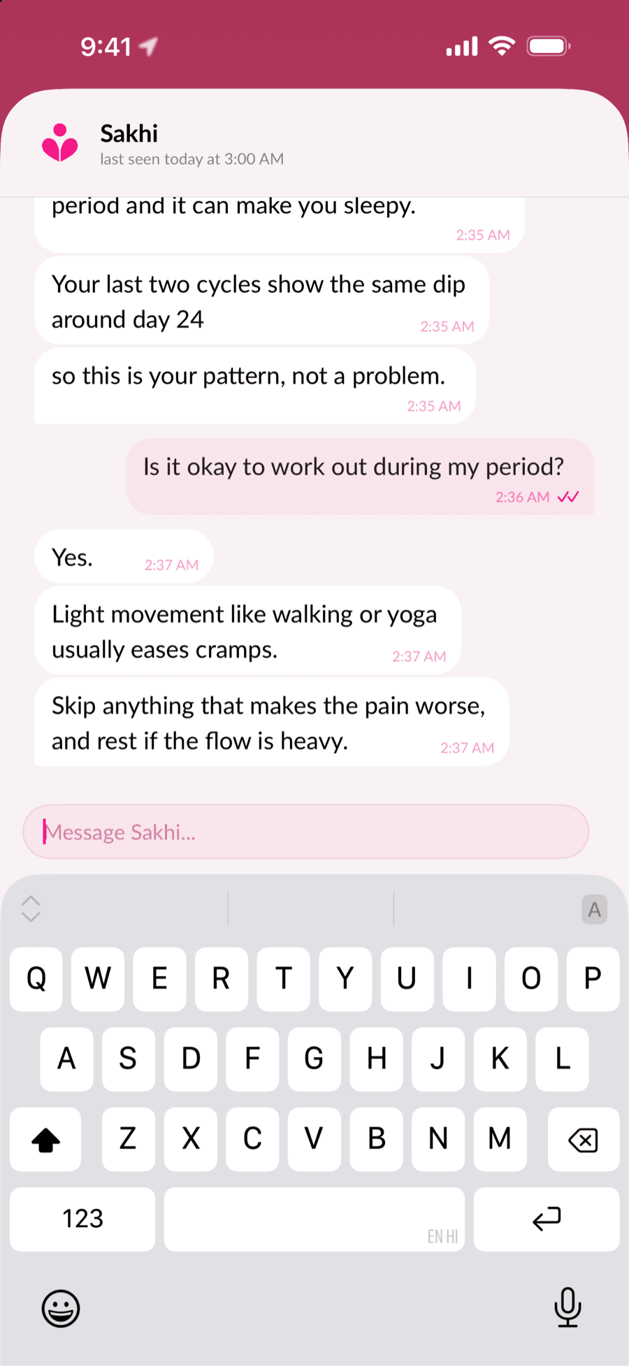Ask Sakhi answering a question about working out during her period, using her own cycle history