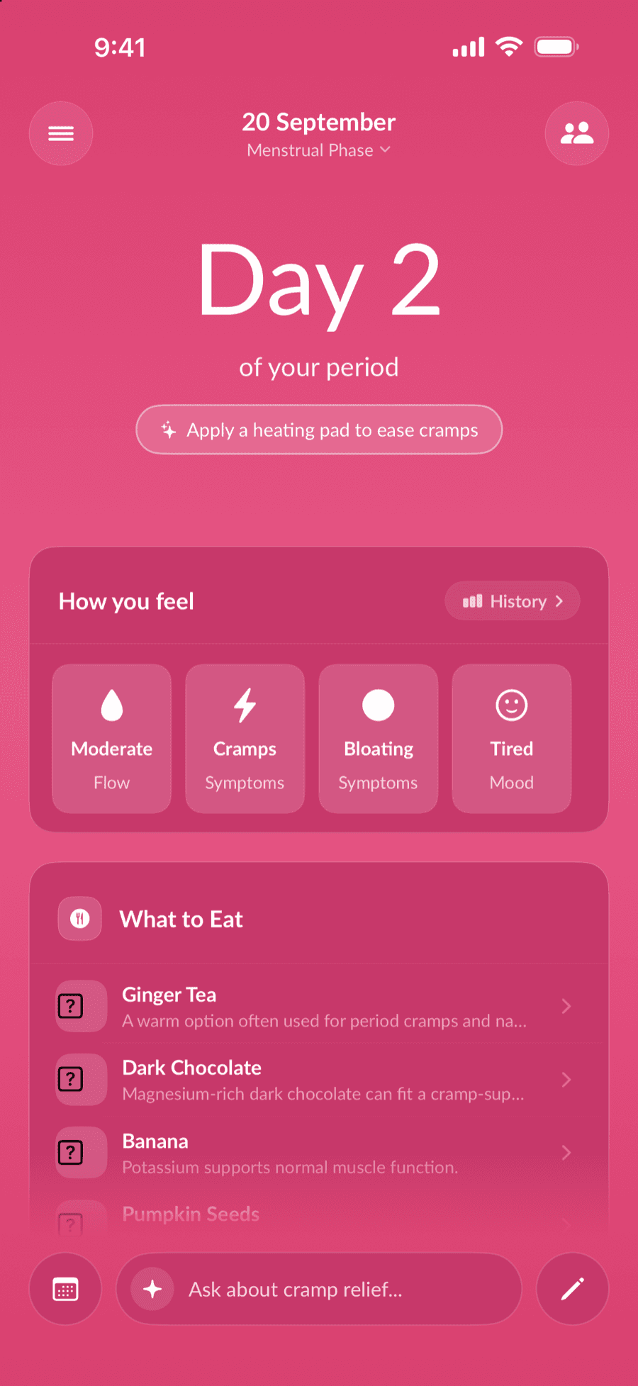 Sakhi's home screen on day 2 of her period, with how she feels today and what to eat