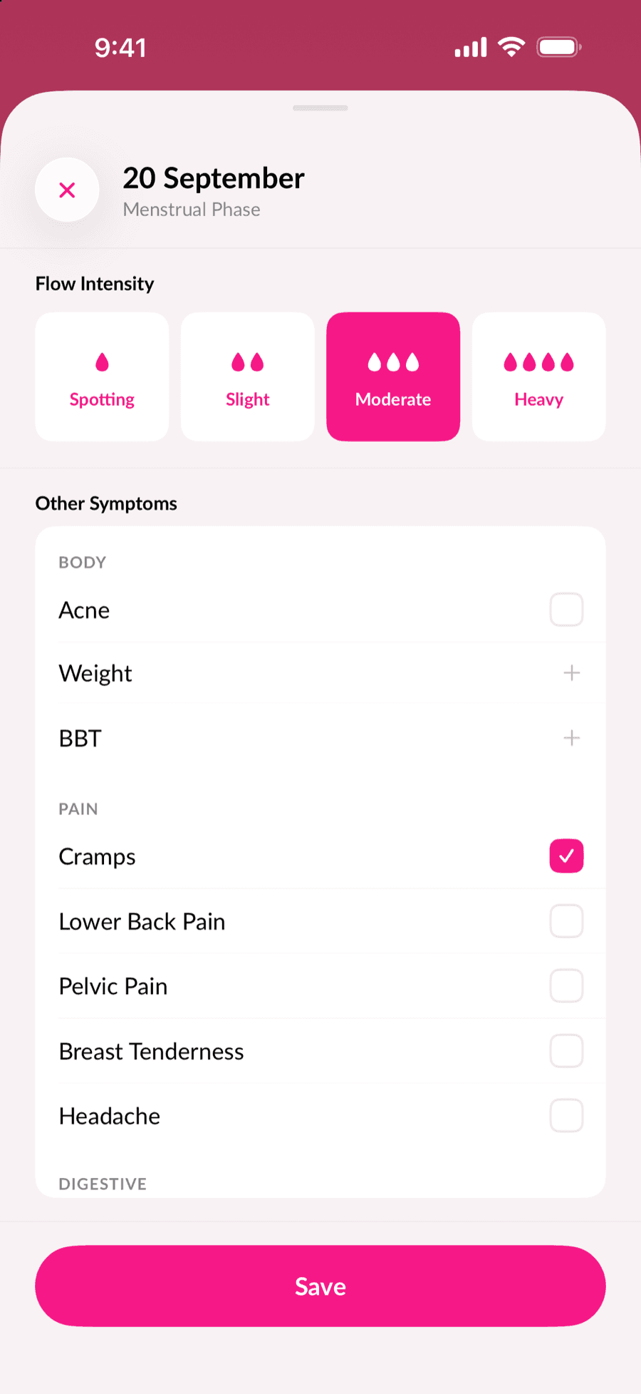 Logging a day in Sakhi: flow intensity, then symptoms such as cramps, acne and headache