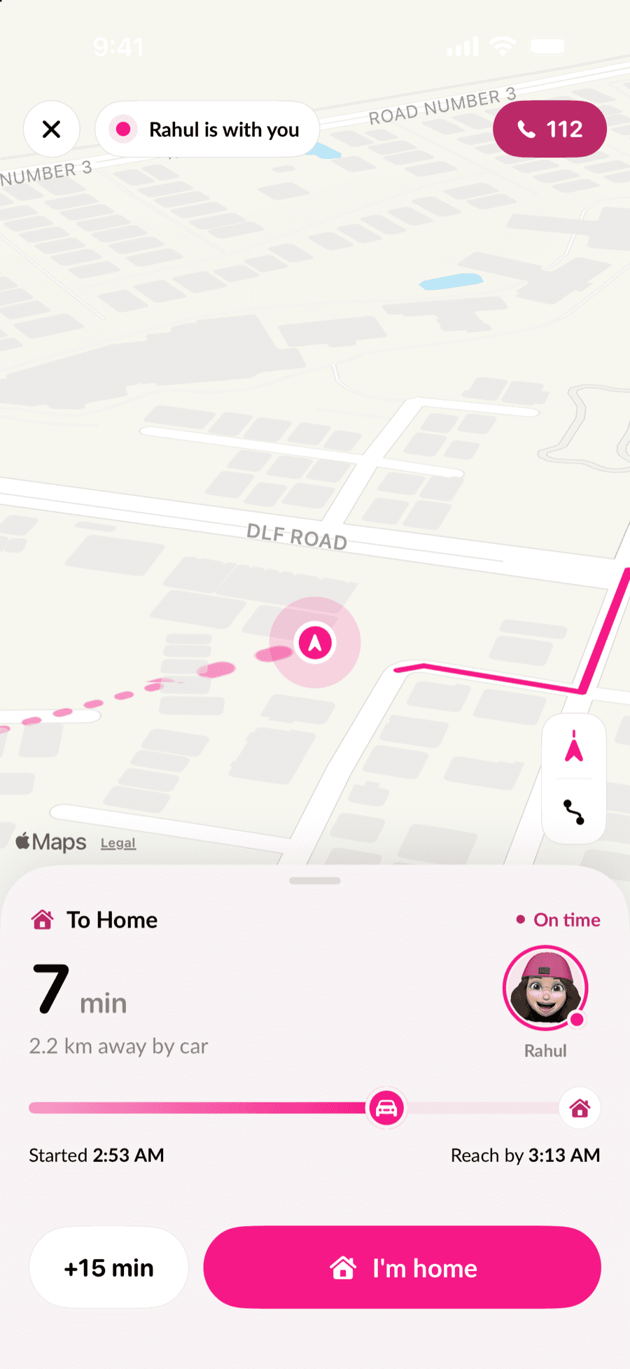 Stay With Me: a map of her walk home, seven minutes left, with the person she chose watching over her
