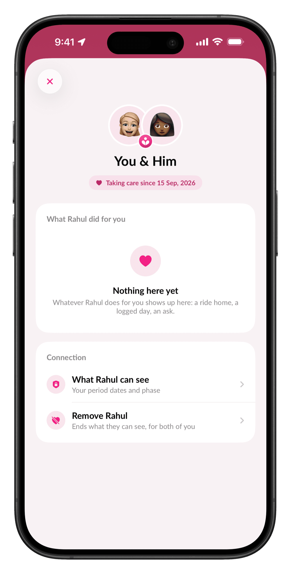Be Her Sakhi: You and Him, with what he can see and a button to remove him at any time