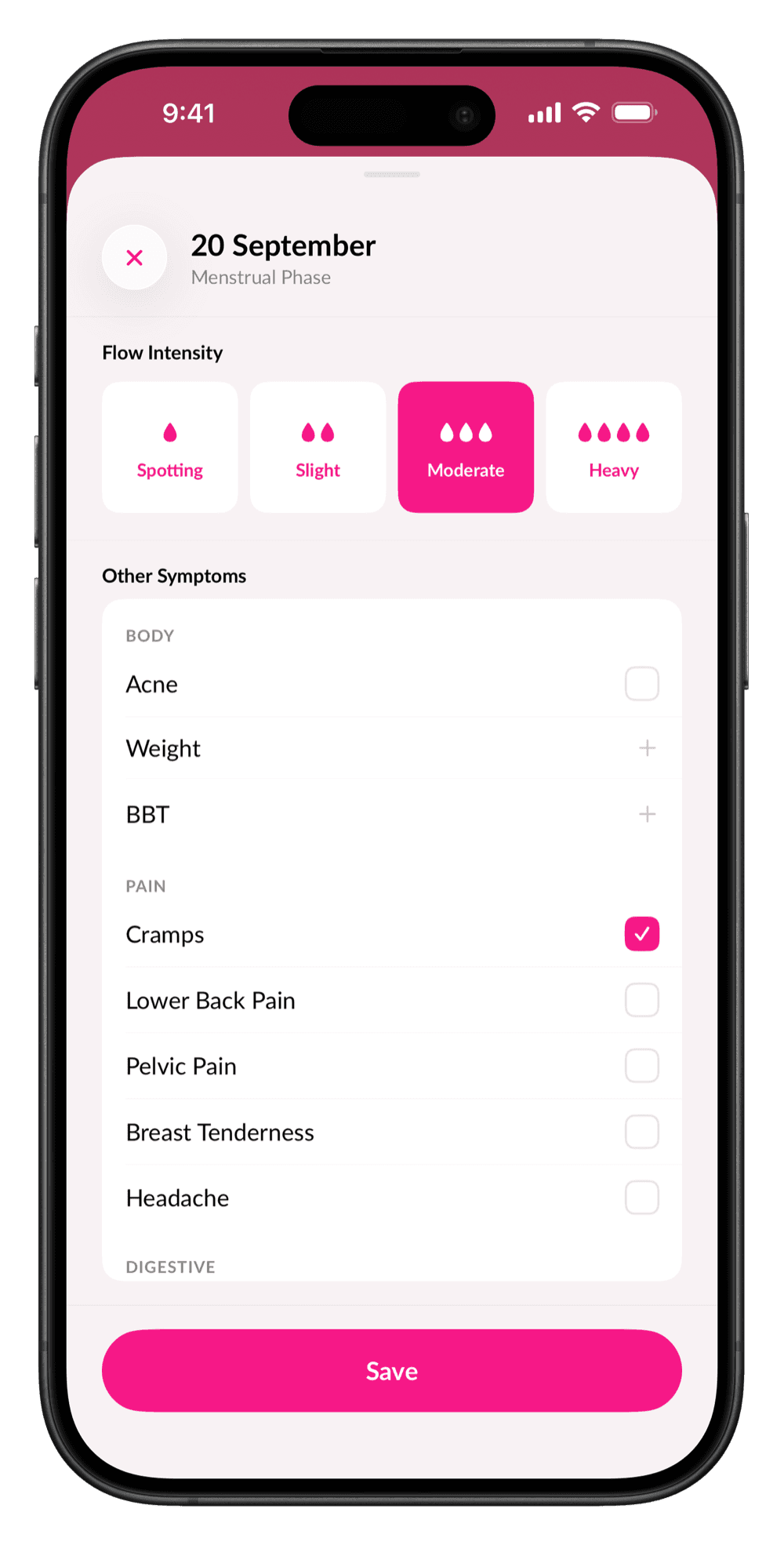 Logging a day in Sakhi: flow intensity at the top, then symptoms such as acne, cramps and headache