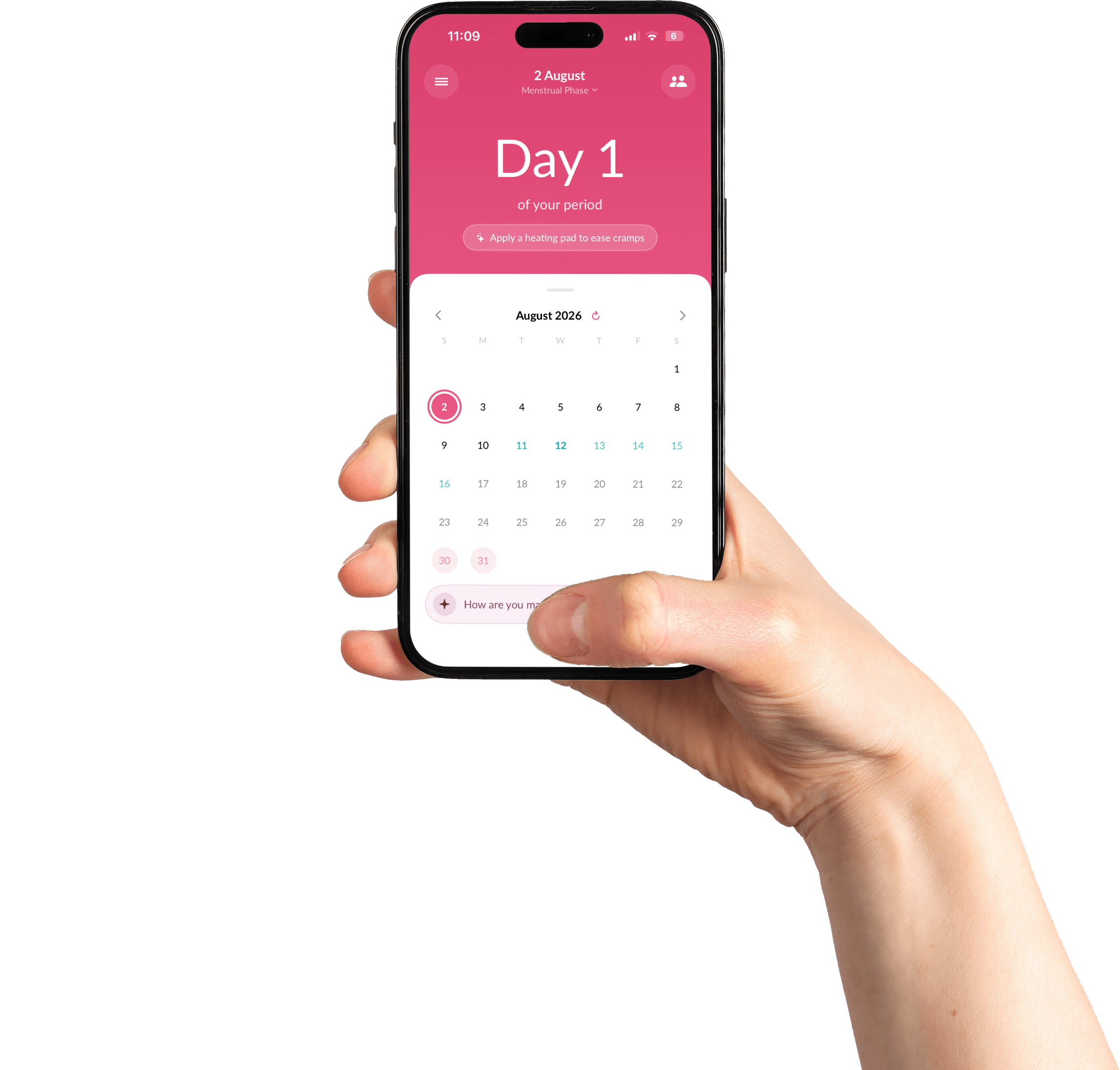 A hand holding a phone showing the Sakhi app on day 1 of a period, with the August calendar below